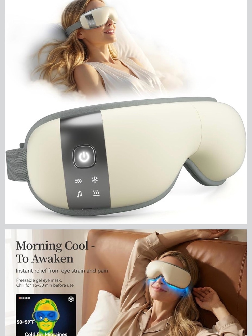 Cream Rechargeable Heated Eye Mask with Vibration and Music